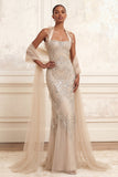Beaded Apricot Mermaid Halter Neck Long Prom Dress