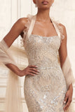 Beaded Apricot Mermaid Halter Neck Long Prom Dress