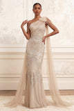 One Shoulder Beaded Apricot Mermaid Long Prom Dress