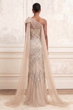 One Shoulder Beaded Apricot Mermaid Long Prom Dress