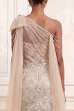 One Shoulder Beaded Apricot Mermaid Long Prom Dress