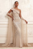 One Shoulder Backless Mermaid Apricot Long Prom Dress