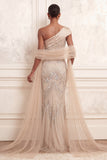 One Shoulder Backless Mermaid Apricot Long Prom Dress