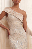 One Shoulder Backless Mermaid Apricot Long Prom Dress