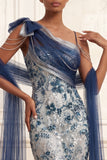 Sparkly Navy Beaded Backless Long Prom Dress