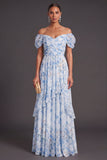 Blue Floral Off the Shoulder Ruffled Long Wedding Guest Dress
