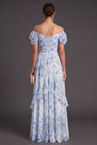 Blue Floral Off the Shoulder Ruffled Long Wedding Guest Dress