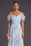 Blue Floral Off the Shoulder Ruffled Long Wedding Guest Dress