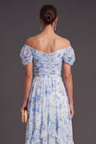 Blue Floral Off the Shoulder Ruffled Long Wedding Guest Dress
