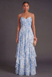 Blue Spaghetti Straps A Line Floral Long Wedding Guest Dress with Ruffles