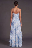 Blue Spaghetti Straps A Line Floral Long Wedding Guest Dress with Ruffles
