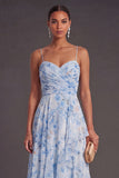 Blue Spaghetti Straps A Line Floral Long Wedding Guest Dress with Ruffles