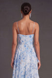 Blue Spaghetti Straps A Line Floral Long Wedding Guest Dress with Ruffles