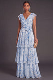 Blue Floral A Line Ruffled Long Wedding Guest Dress with Bow