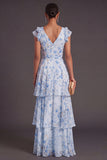 Blue Floral A Line Ruffled Long Wedding Guest Dress with Bow