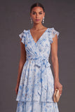 Blue Floral A Line Ruffled Long Wedding Guest Dress with Bow