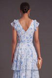 Blue Floral A Line Ruffled Long Wedding Guest Dress with Bow