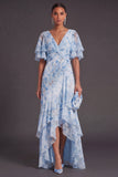 Blue A Line Ruched Floral V-Neck High Low Wedding Guest Dress with Ruffles