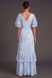 Blue A Line Ruched Floral V-Neck High Low Wedding Guest Dress with Ruffles