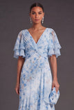 Blue A Line Ruched Floral V-Neck High Low Wedding Guest Dress with Ruffles