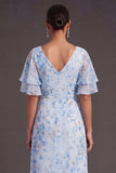 Blue A Line Ruched Floral V-Neck High Low Wedding Guest Dress with Ruffles