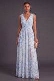 Blue A Line Floral V-Neck Long Wedding Guest Dress with Slit