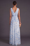 Blue A Line Floral V-Neck Long Wedding Guest Dress with Slit