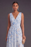 Blue A Line Floral V-Neck Long Wedding Guest Dress with Slit