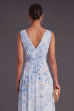 Blue A Line Floral V-Neck Long Wedding Guest Dress with Slit