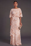 Champagne A Line Floral Ruffled Long Wedding Guest Dress with Sleeves