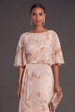 Champagne A Line Floral Ruffled Long Wedding Guest Dress with Sleeves