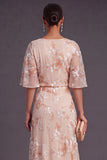 Champagne A Line Floral Ruffled Long Wedding Guest Dress with Sleeves