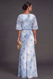 Light Blue A Line Floral Boat Neck Long Wedding Guest Dress with Ruffles
