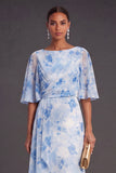 Light Blue A Line Floral Boat Neck Long Wedding Guest Dress with Ruffles