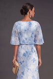 Light Blue A Line Floral Boat Neck Long Wedding Guest Dress with Ruffles