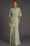 Sage Green Floral A Line Long Wedding Guest Dress with Ruffles