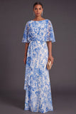 White Blue Floral Ruffled A Line Long Boat Neck Wedding Guest Dress