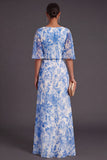 White Blue Floral Ruffled A Line Long Boat Neck Wedding Guest Dress