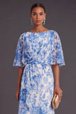 White Blue Floral Ruffled A Line Long Boat Neck Wedding Guest Dress