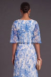 White Blue Floral Ruffled A Line Long Boat Neck Wedding Guest Dress