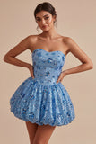 Sparkly Sky Blue A Line Sequined Short Cocktail Party Dress