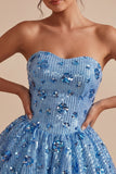 Sparkly Sky Blue A Line Sequined Short Cocktail Party Dress