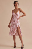 Floral Pink A Line Ruffled Short Cocktail Party Dress with Slit