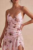 Floral Pink A Line Ruffled Short Cocktail Party Dress with Slit