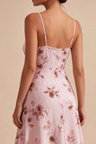 Floral Pink A Line Ruffled Short Cocktail Party Dress with Slit