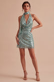 Sparkly Sequined Light Green Halter Neck Bodycon Short Cocktail Dress