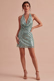 Sparkly Sequined Light Green Halter Neck Bodycon Short Cocktail Dress