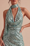 Sparkly Sequined Light Green Halter Neck Bodycon Short Cocktail Dress