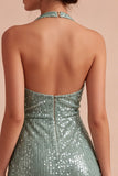 Sparkly Sequined Light Green Halter Neck Bodycon Short Cocktail Dress