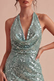 Sparkly Sequined Light Green Halter Neck Bodycon Short Cocktail Dress
